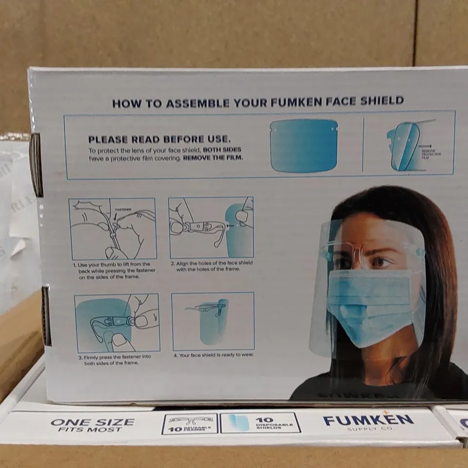 BOX OF APPROXIMATELY 30X 10PCS BRAND NEW FACE SHIELDS (1 BOX)
