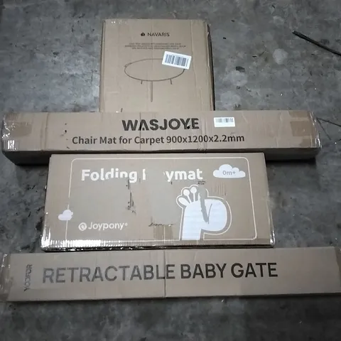 PALLET OF HOUSEHOLD ITEMS TO INCLUDE CAST IRON GRIDDLE, CHAIR MAT FOR CARPET, FOLDING PLAYMAT, RETRACTABLE BABY GATE AND OTHER ASSORTED ITEMS...