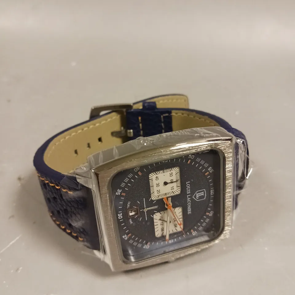 MENS LOUIS LACOMBE WATCH – SQUARE DIAL WITH WHITE SUB DIALS – LEATHER STRAP