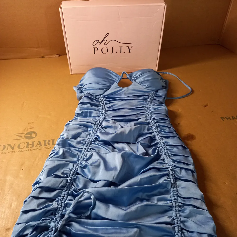 BOXED OH POLLY RUCHED BLUE DRESS - SIZE 8