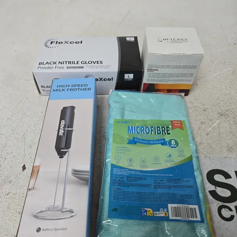 APPROXIMATELY 10 ASSORTED HOUSEHOLD PRODUCTS TO INCLUDE LABELS, MILK FROTHER, PROTECTIVE GLOVES ETC