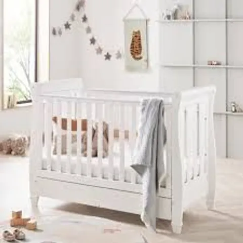 BOXED BABYMORE EVA SLEIGH COT BED DROPSIDE WITH DRAWER - WHITE (1 BOX)