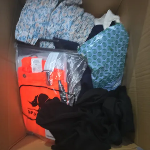 LARGE BOX OF APPROXIMATELY 25 ASSORTED CLOTHING ITEMS IN VARIOUS COLOURS, STYLES AND SIZES - COLLECTION ONLY