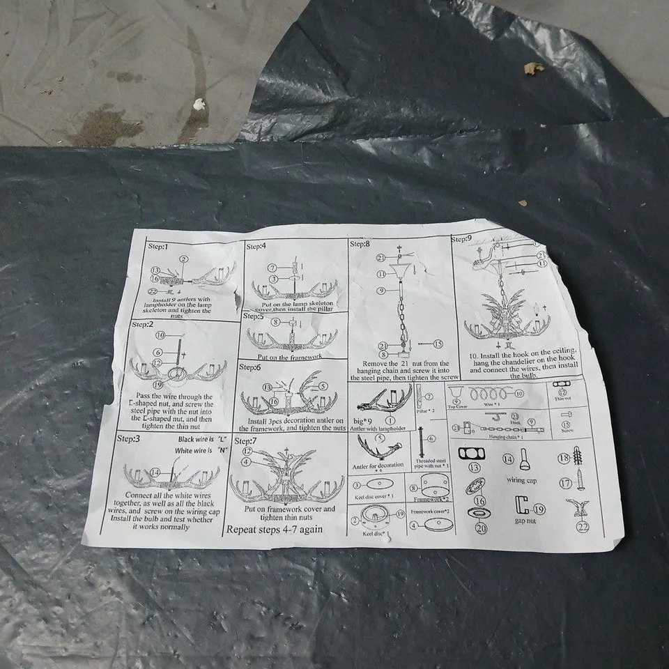 ANTLER CHANDELIER INCLUDING BULBS, WITH ASSEMBLY INSTRUCTIONS. BOXED