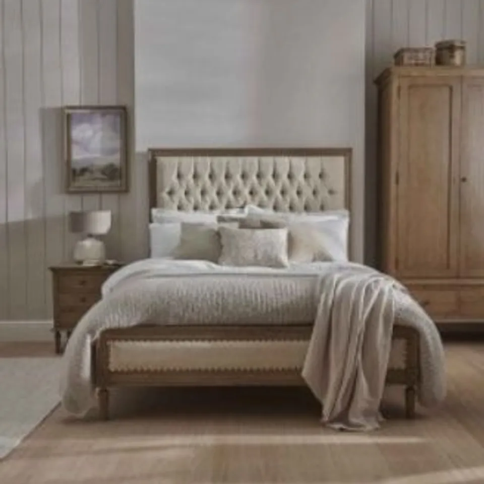 BRAND NEW BOXED HOMES DIRECT 365 SERENITY BUTTONED BED KING - NATURAL (4 BOXES)