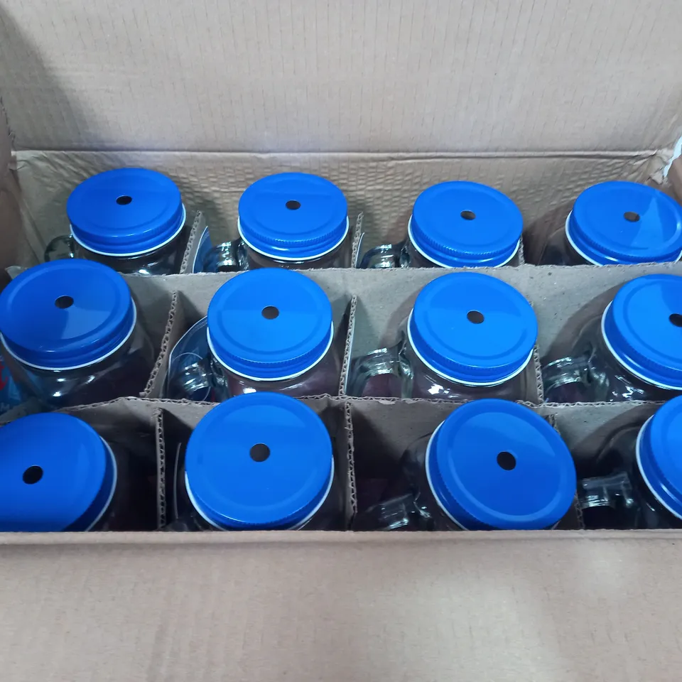 BRAND NEW BOXED SET OF 23 MASON JARS WITH BLUE LIDS