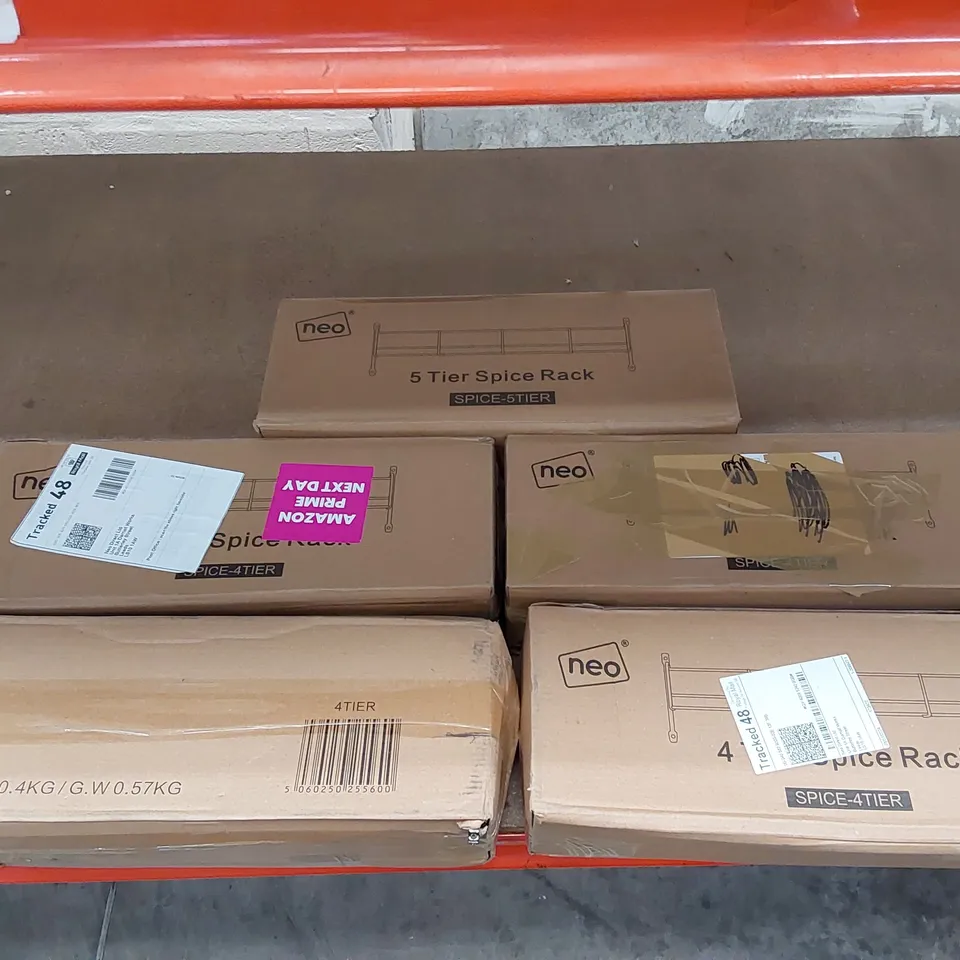 LOT OF 4X NEO 4-TIER SPICE RACKS AND 1X NEO 5-TIER SPICE RACK (5 BOXES)