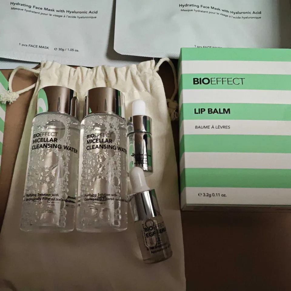 BIOEFFECT SKINCARE SET – MICELLAR CLEANSING WATER (X2), EGF POWER CREAM, HYDRATING HYDROGEL MASKS & LIP BALM