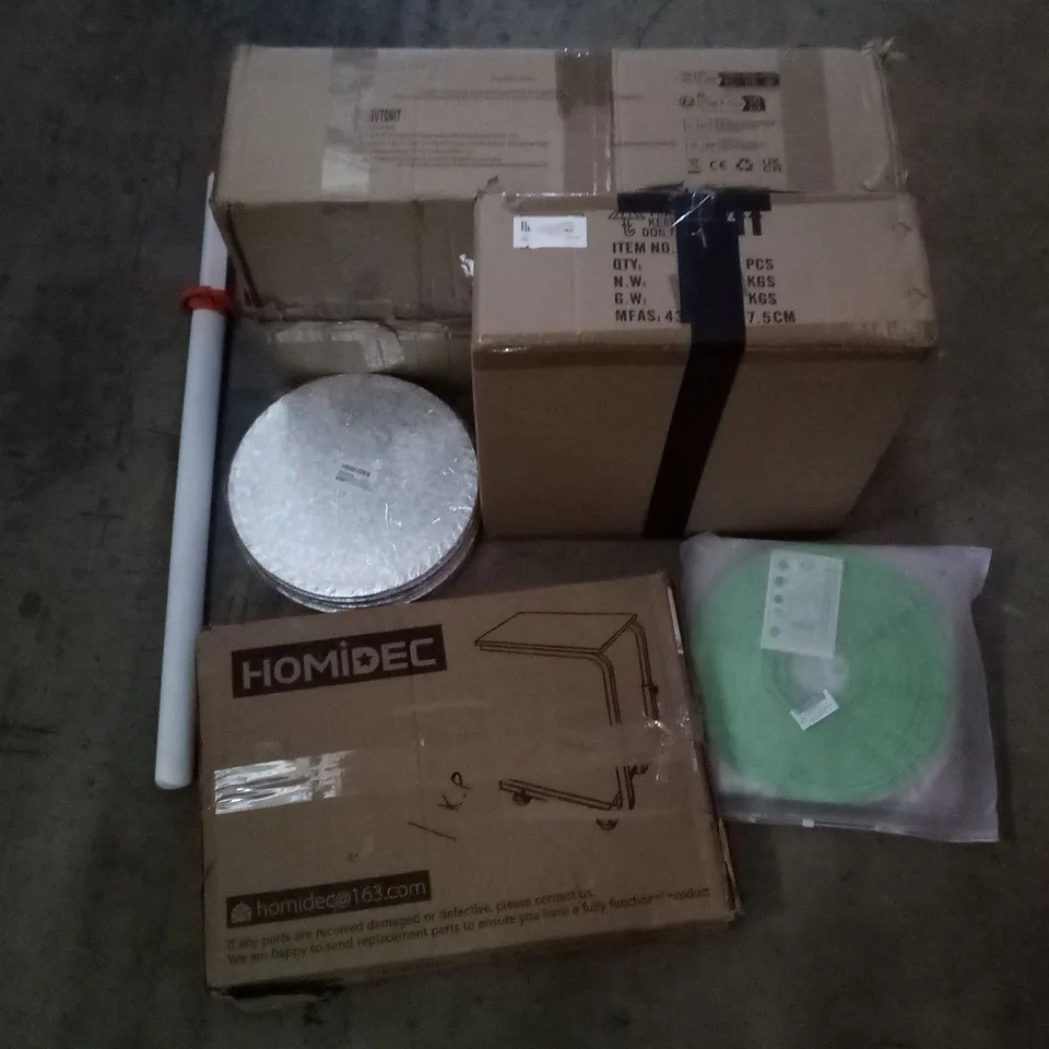 PALLET OF ASSORTED ITEMS INCLUDING GAS WATER HEATER, CACTUS PAPER LANTERN, CAKE BOARDS, CEILING FAN WITH LIGHT, TOY SWORD, HOMIDEC TROLLEY 