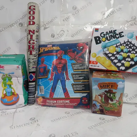 BOX OF APPROX 20 ASSORTED TOYS TO INCLUDE - GOOD NIGHT BAT HARLEY QUIN - MARVEL SPIDER MAN - GAME BOUNCE ECT