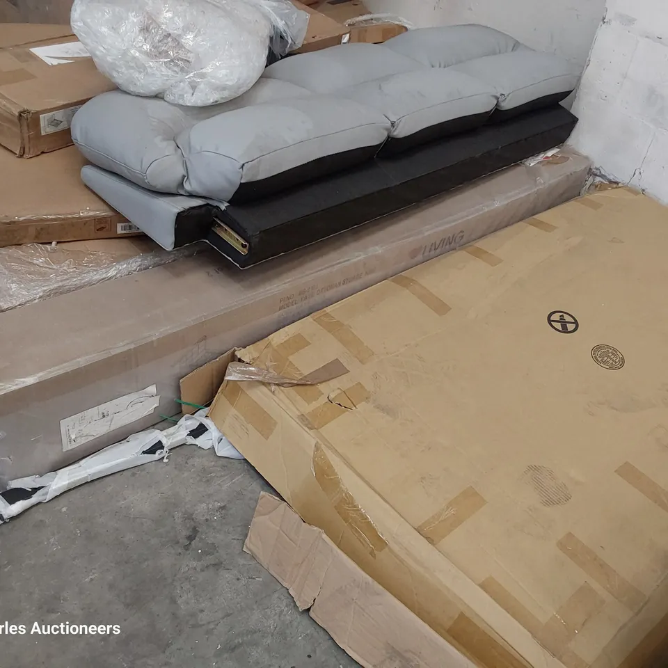 PALLET OF ASSORTED BOXED FURNITURE PARTS INCLUDING BED & DINING TABLE PARTS, THREE SEATER SOFA BACK SECTION