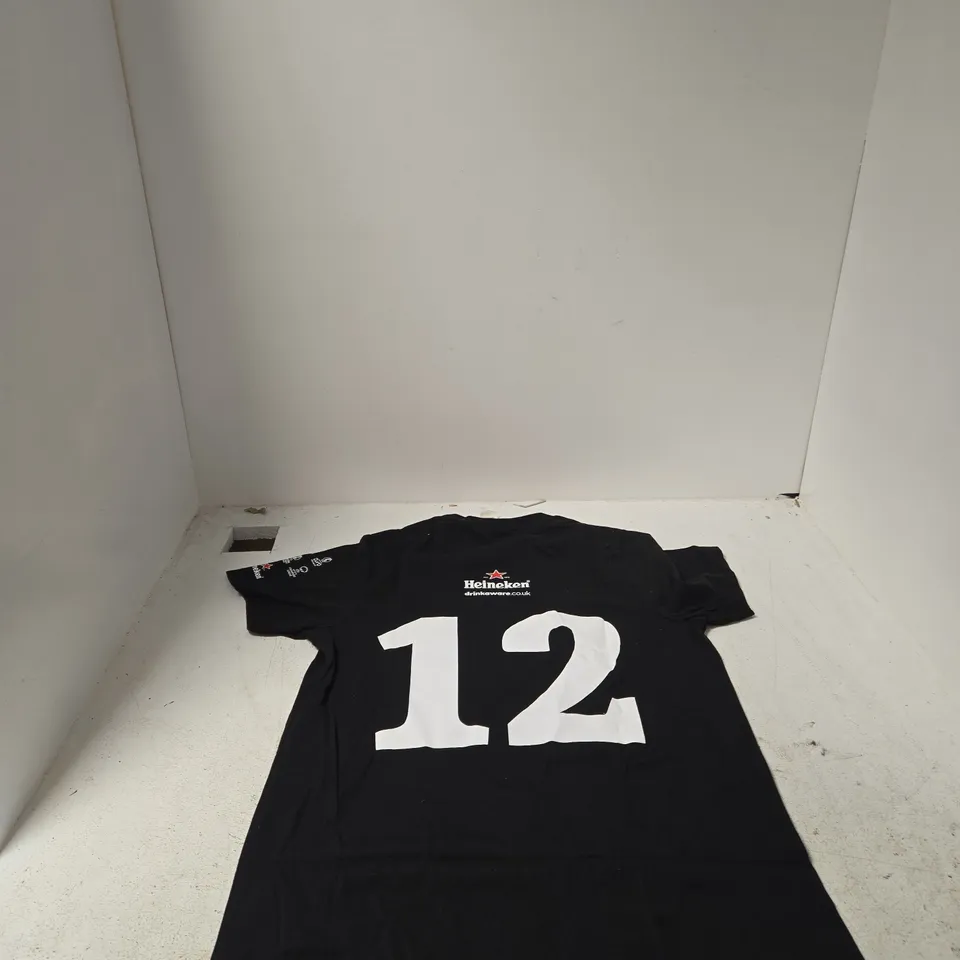 "I AM THE 12TH WOMAN" WOMENS SMALL T SHIRT IN BLACK FOOTBALL UEFA HEINEKEN