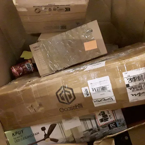 PALLET OF ASSORTED PRODUCTS INCLUDING 52" LED CEILING FAN, AIR FRYER, GAMING KEYBOARD