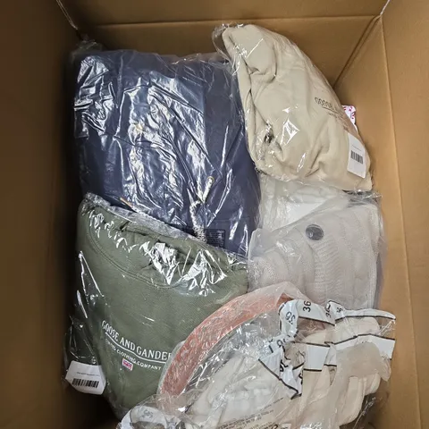 LARGE BOX OF ASSORTED CLOTHING ITEMS IN VARIOUS SIZES, STYLES AND COLOUR 