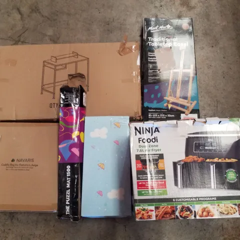 PALLET CONTAINING ASSORTED PRODUCTS INCLUDING OFFICE DESK, CUDDLY BAG FOR RADIATORS, PUZZLE MAT, DUAL ZONE AIR FRYER & TRADITIONAL TABLETOP EASEL