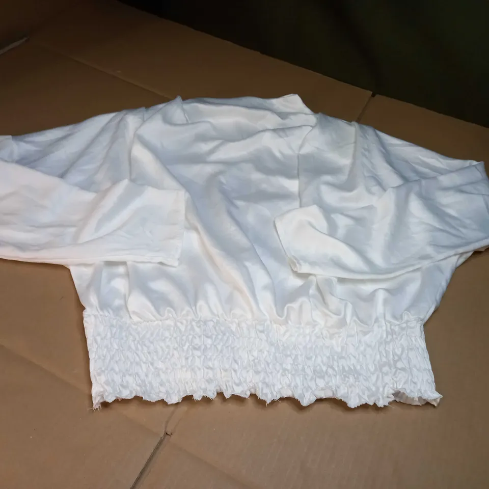 DESIGNER WHITE SATIN HIGH NECK STATEMENT BLOUSE 