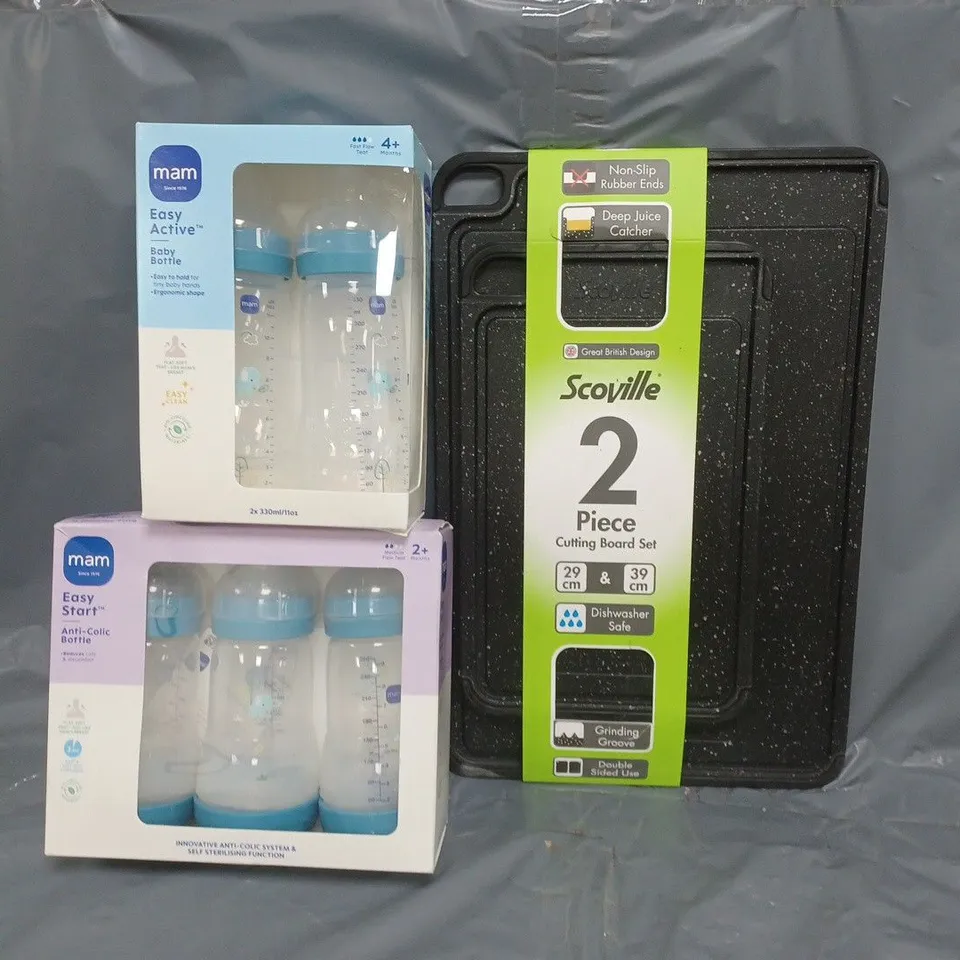 BOX OF APPROXIMATELY 10 ASSORTED HOUSEHOLD ITEMS TO INCLUDE SCOVILLE 2-PIECE CUTTING BOARD SET, MAM EASY ACTIVE BABY BOTTLE, ETC - COLLECTION ONLY