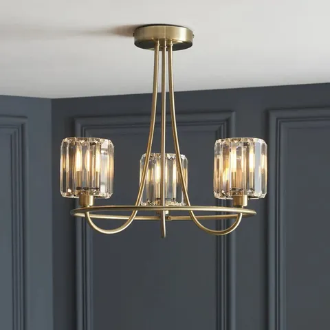 BOXED ENDON 107801 BERENICE 3 LIGHT SEMI FLUSH CEILING LIGHT IN ANTIQUE BRASS WITH CUT GLASS SHADES