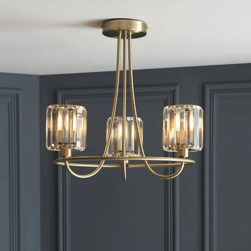 BOXED ENDON 107801 BERENICE 3 LIGHT SEMI FLUSH CEILING LIGHT IN ANTIQUE BRASS WITH CUT GLASS SHADES