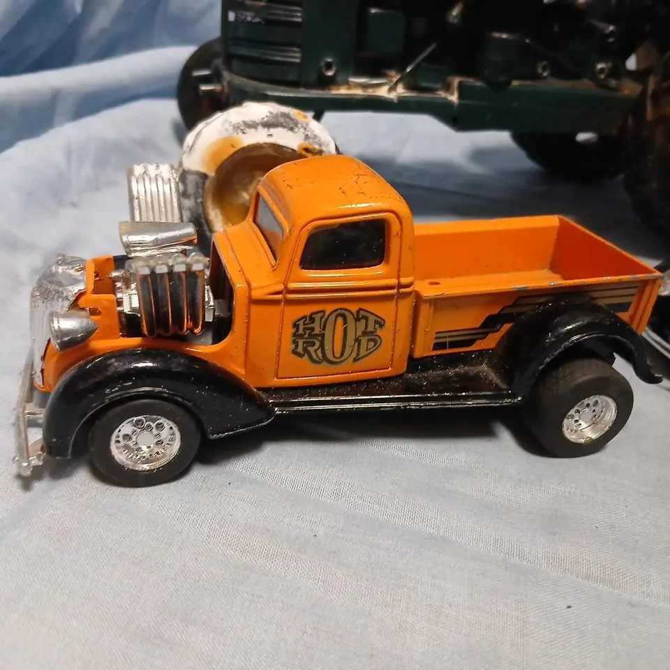 VINTAGE DIE-CAST METAL TOY VEHICLE TRIO: GREEN TRACTOR, ORANGE HOT ROD PICKUP & TEAL CONVERTIBLE