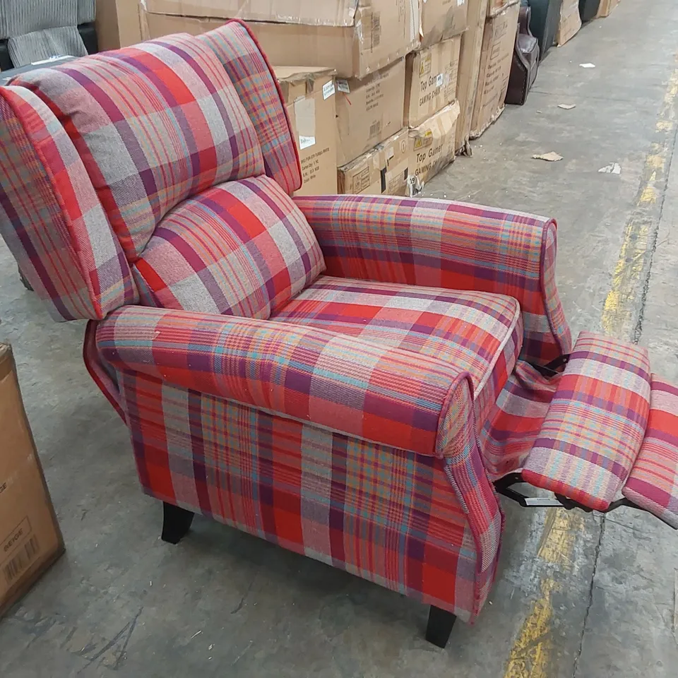 DESIGNER FABRIC UPHOLSTERED TARTAN PATTERN MANUAL RECLINER SOFA 