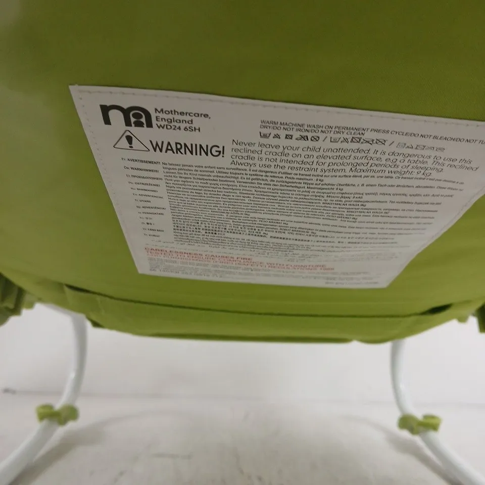 MOTHERCARE BABY BOUNCER / ROCKER – GREEN FRAME, PATTERNED CUSHION