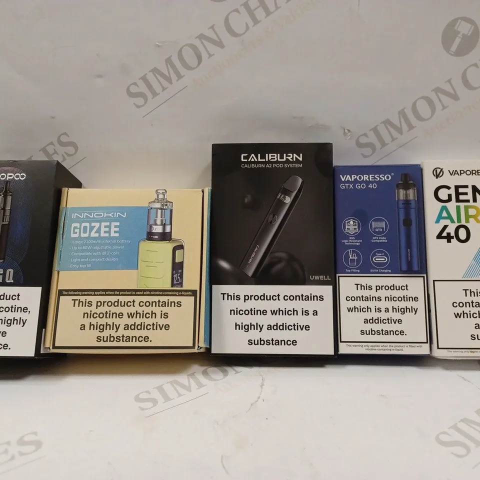 BOX OF APPROX 14 ASSORTED E-CIGARETTES TO INCLUDE -VAPORESSO GEN AIR 40 - VAPORESSO GTX GO 40 - UWELL CALIBURN A2 POD SYSTEM ECT