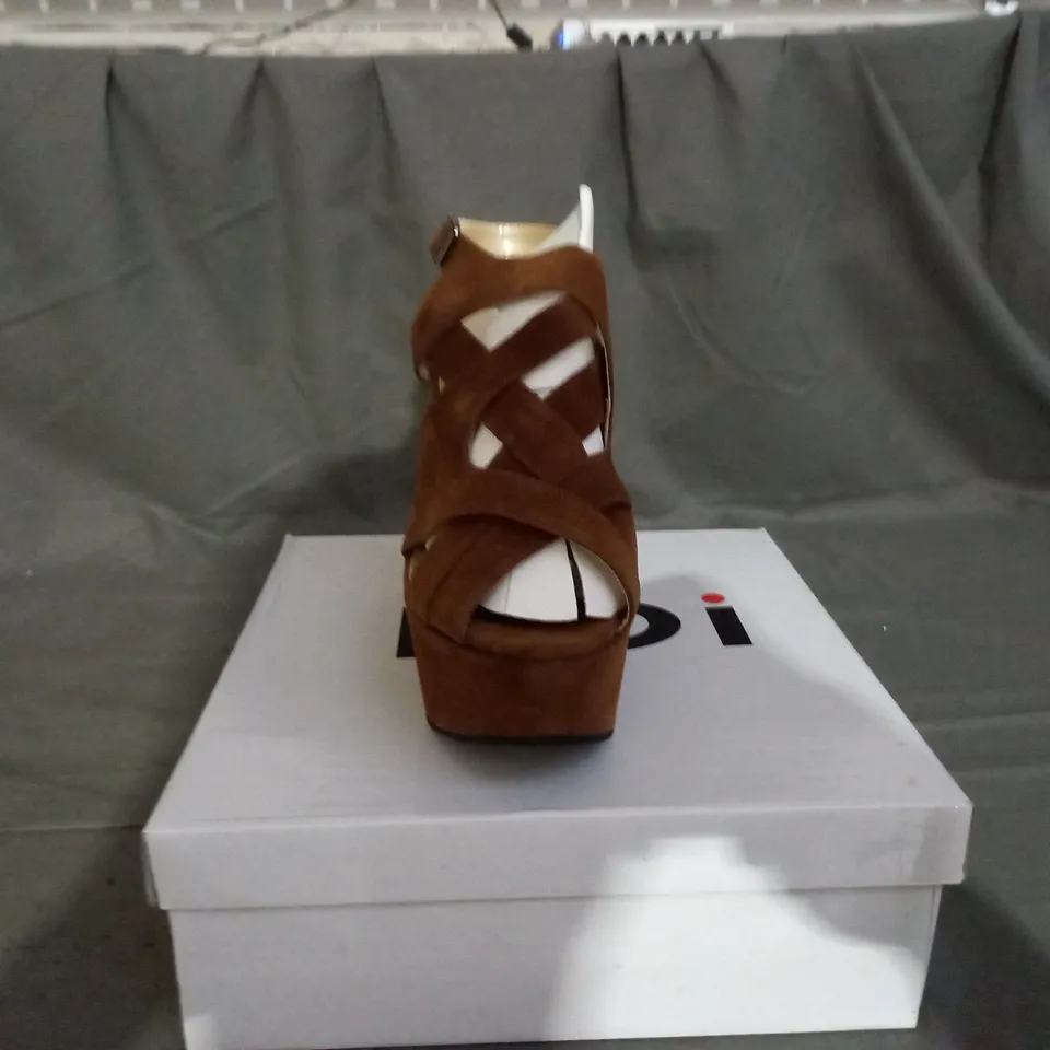 APPROXIMATELY 10 BOXED PAIR OF KOI BROWN SUEDE WEDGE SANDALS IN VARIOUS SIZES TO INCLUDE SIZE 5 