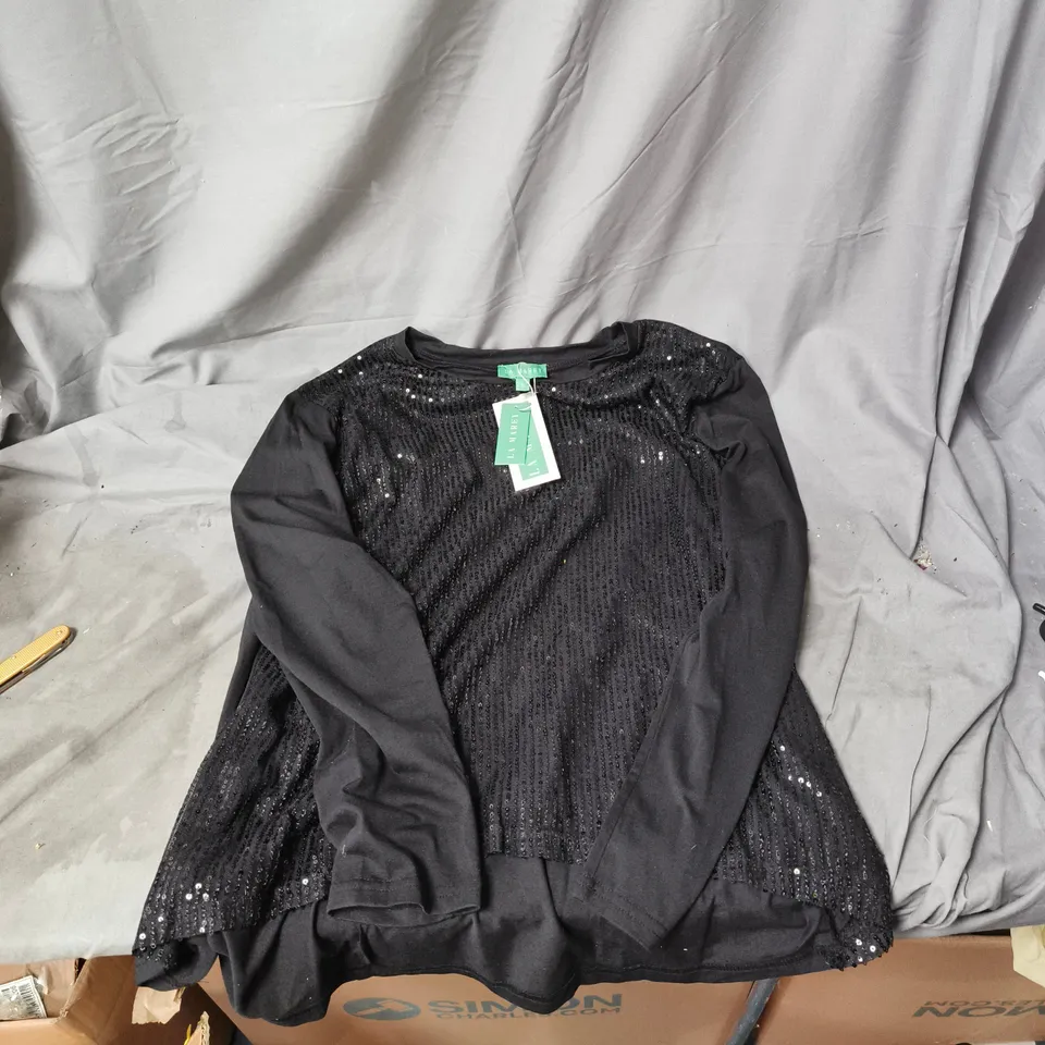 LA MAREY BLACK SEQUIN LONG-SLEEVE TOP, SIZE XL