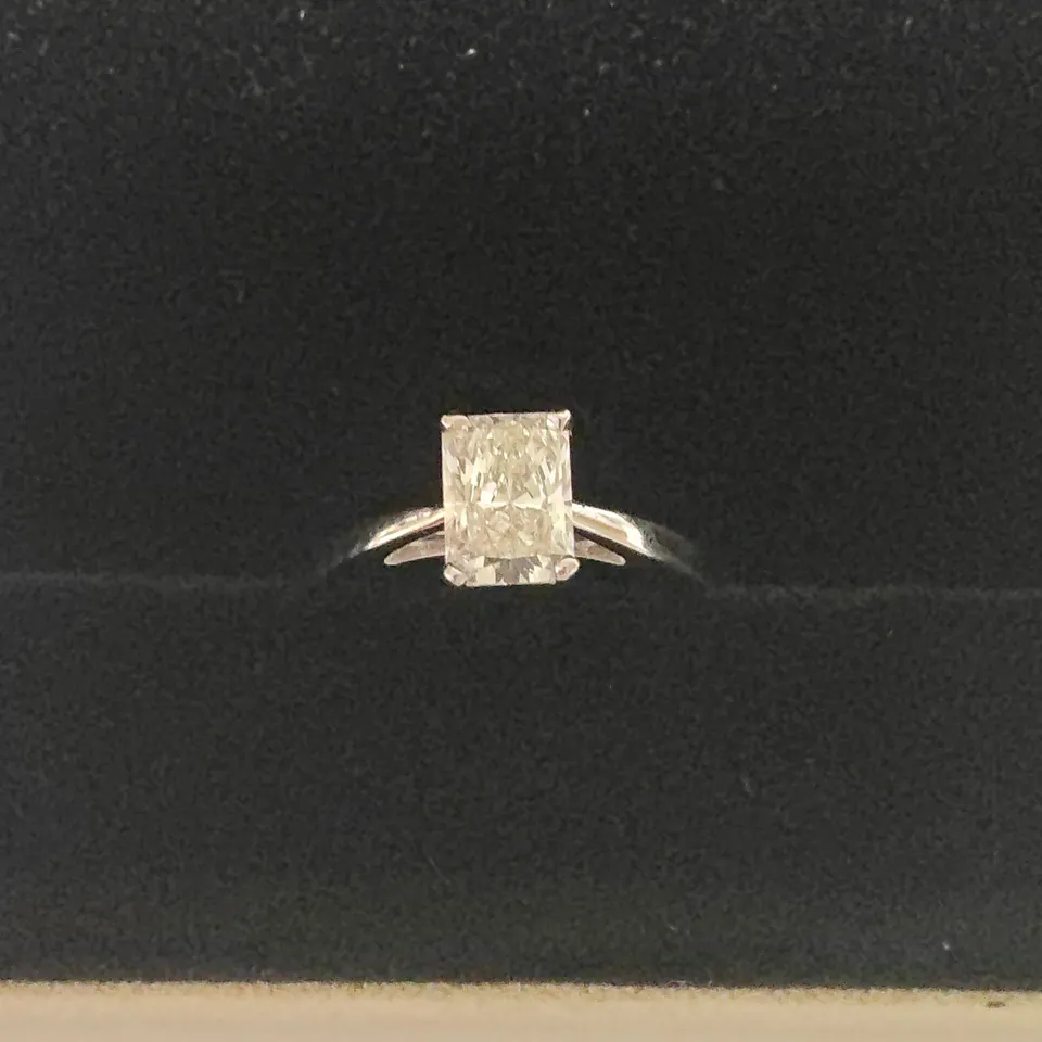 9CT WHITE GOLD SOLITAIRE RING SET WITH A LAB GROWN RADIANT CUT DIAMOND WEIGHING +-1.01CT
