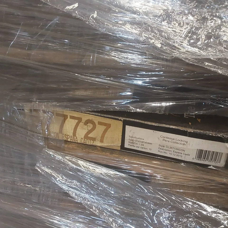 PALLET CONTAINING A VERY LARGE QUANTITY OF ASSORTED VINYL FLOORING INCLUDING: CONTESSE FLOATING FLOOR SYSTEM BLEACHED PINE, ESPANA CADIZ, SWEDISH PINE LIGHT ECT