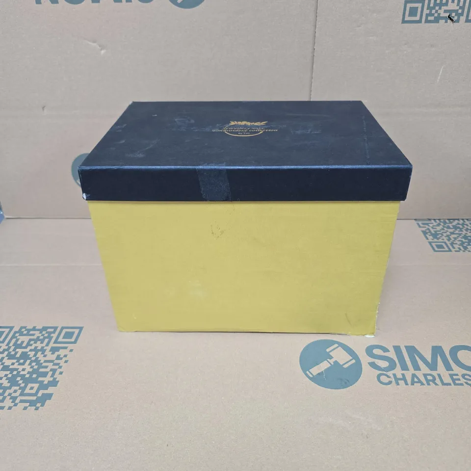 BLUE VELVET JEWELLERY BOX WITH FLORAL EMBROIDERY, MIRROR, AND DRAWERS BOXED