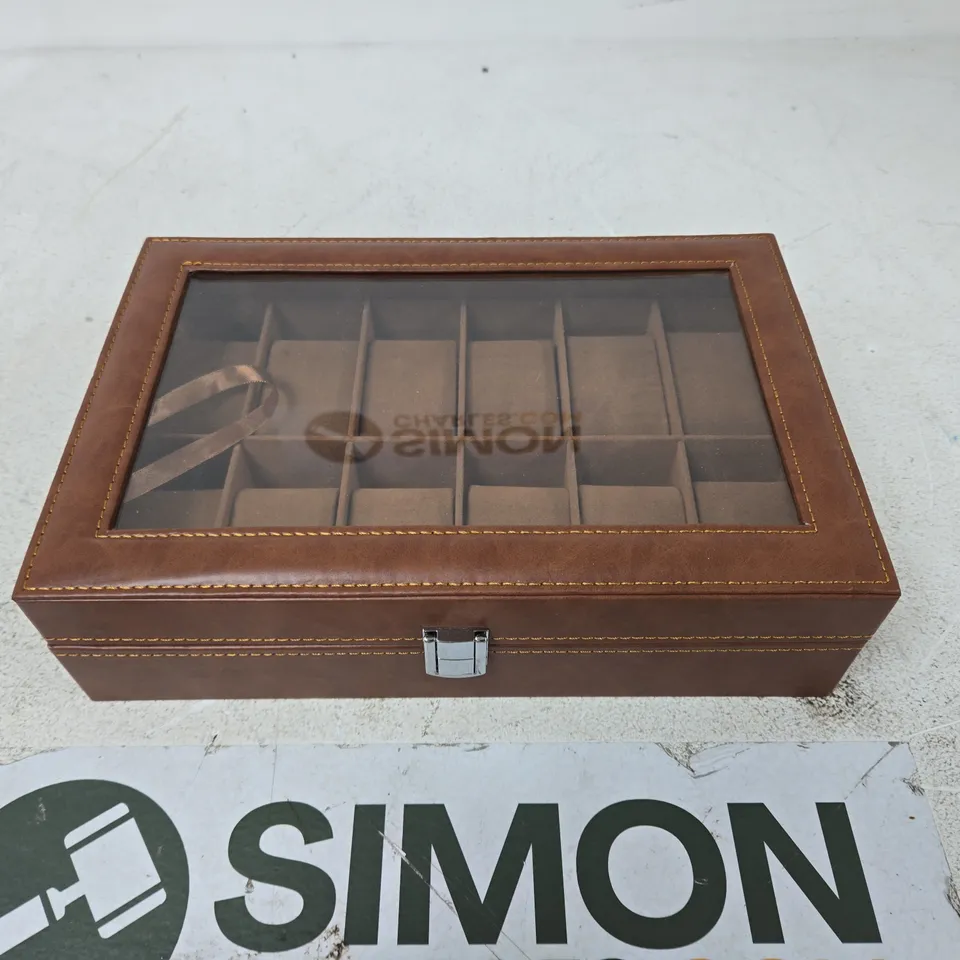 BROWN LEATHER-LOOK JEWELLERY DISPLAY BOX WITH GLASS LID, 16 COMPARTMENTS