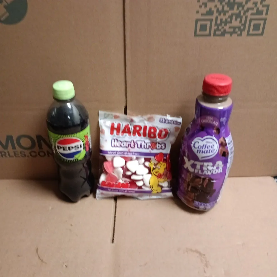 APPROXIMATELY 12 ASSORTED FOOD AND DRINKS ITEMS TO INCLUDE - XTRA CHOCOLATE COFFEEMATE, HARIBO HEART THROBS, PEPSI MAX LIME ETC 