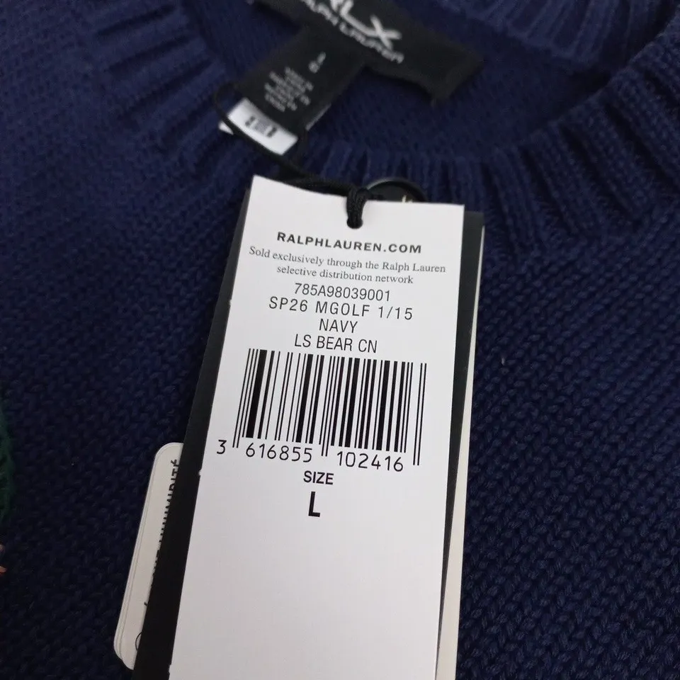 RALPH LAUREN RLX KNIT SWEATER – NAVY, BEAR GOLF GRAPHIC, MEN’S UK SIZE L