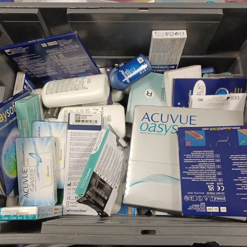 BOX TO CONTAIN APPROX. 30 X ASSORTED VISION CARE PRODUCTS. INCLUDES CONTACT LENSES, CLEANING SOLUTION ETC. BRANDS VARY - COLLECTION ONLY