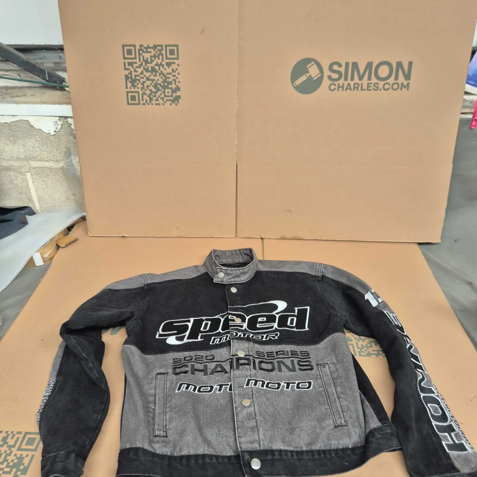 BOOHOO MAN DENIM MOTORCYCLE JACKET – UK SIZE XS – SPEED MOTOR OFFICIAL BRANDING