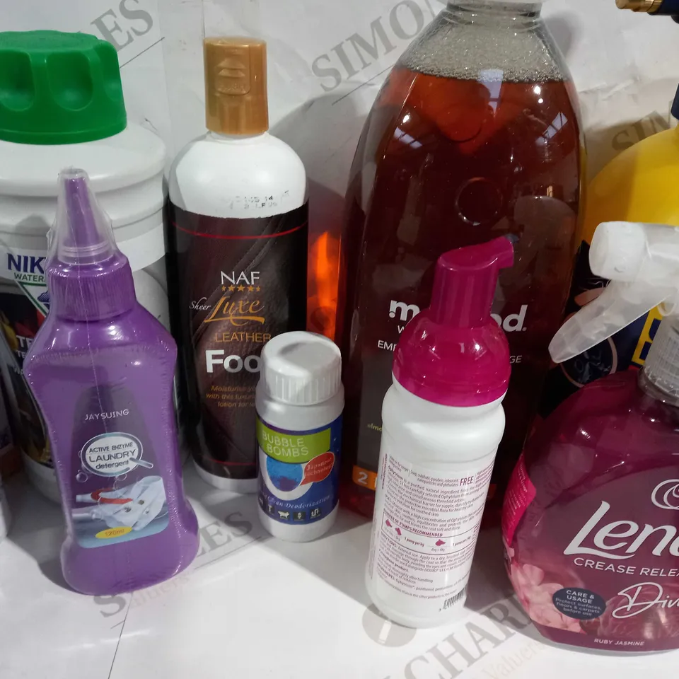 10 ASSORTED CLEANING ITEMS TO INCLUDE - NAF LEATHER FOOD / NIKWAX WASH/ BUBBLE BOMBS/ COLLECTION ONLY 