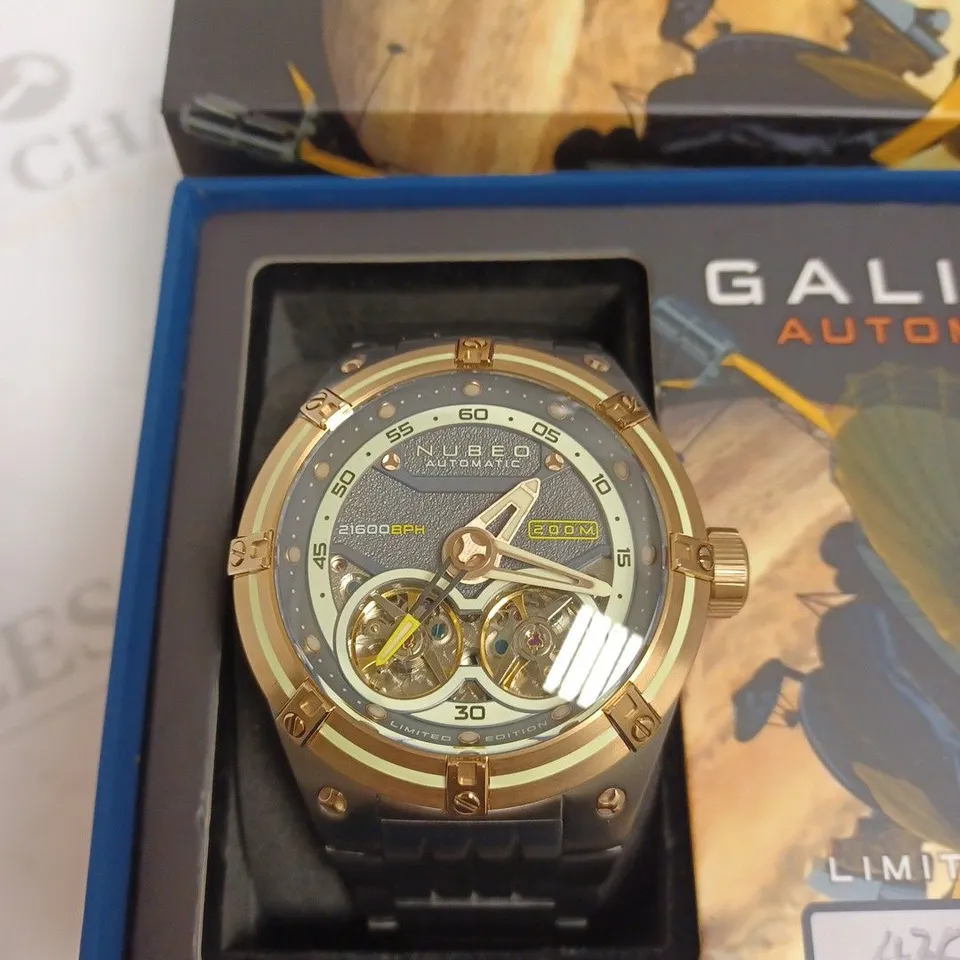 BOXED NUBEO GENTS GALLILEO LTD ED AUTOMATIC WATCH 435/500 STAINLESS STEEL - WITH NUSOUND WIRELESS EAR BUDS