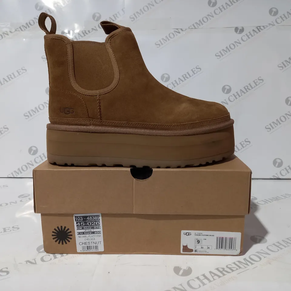 BOXED PAIR OF UGG NEUMEL PLATFORM CHELSEA BOOTS IN CHESTNUT UK SIZE 7