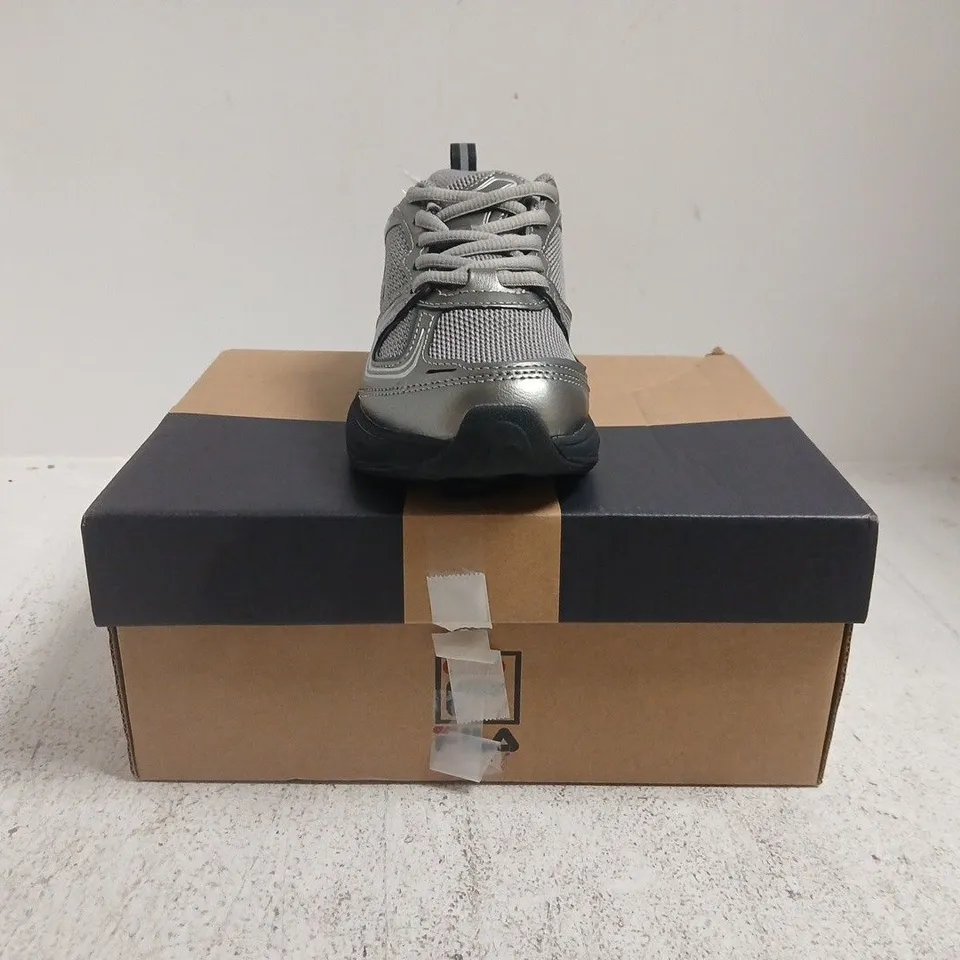 BOXED PAIR OF FILA KID'S TRAINERS IN SILVER SIZE UK 1