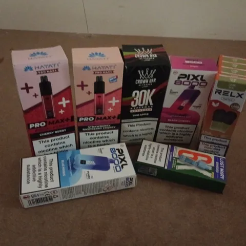 APPROXIMATELY 20 ASSORTED E-CIGARETTE PRODUCTS TO INCLUDE BRANDS SUCH AS HAYATI, CROWN BAR, RELX, ETC - COLLECTION ONLY