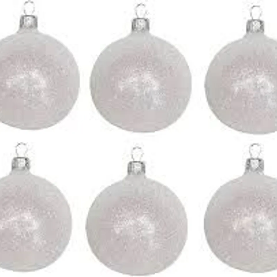 SIX BRAND NEW GISELA GRAHAM LONDON CHRISTMAS GLASS BAUBLE – WHITE WITH SILVER GLITTER SWIRL