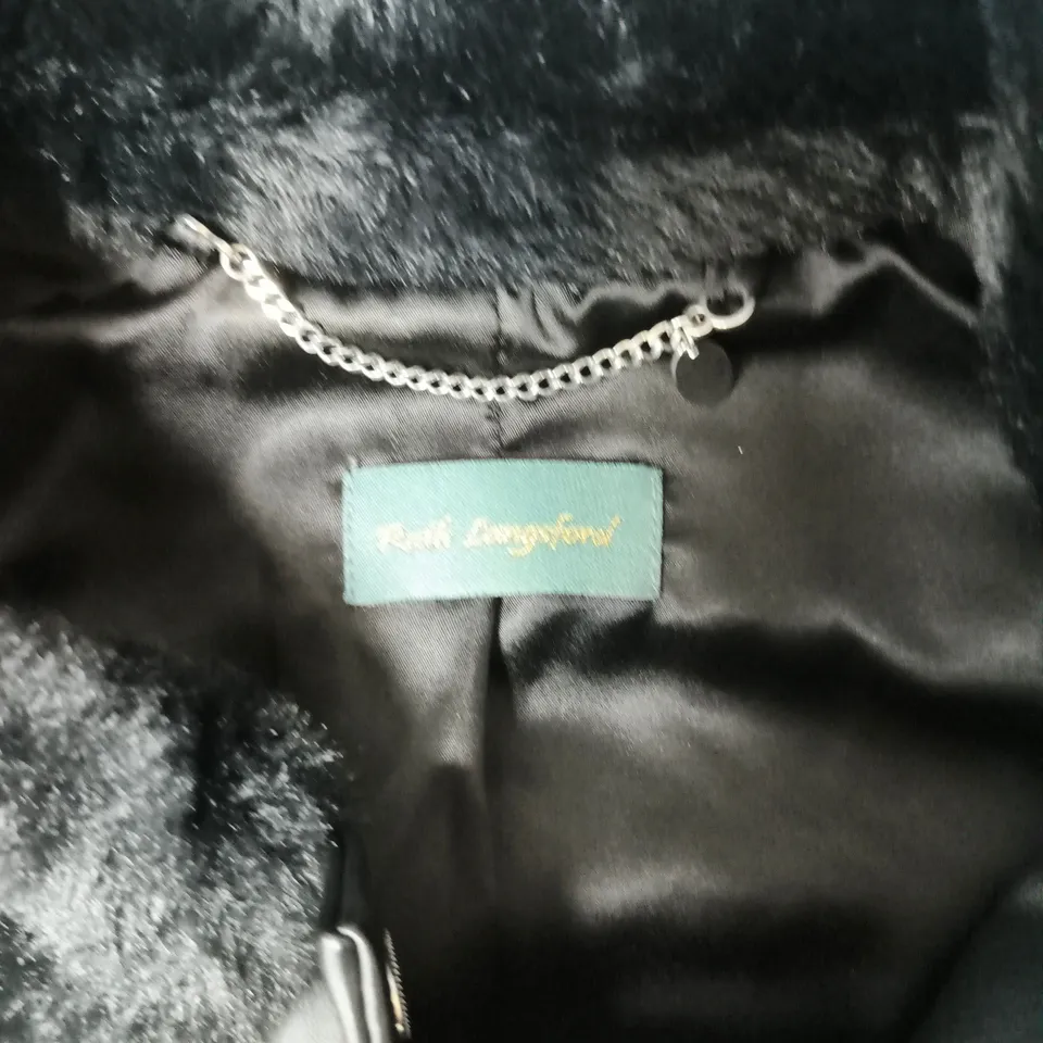 RUTH LANGSFORD BLACK FAUX LEATHER JACKET WITH FUR COLLAR – WOMEN'S SIZE 12