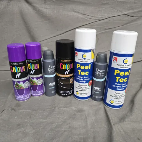 APPROXIMATELY 14 ASSORTED AEROSOLS TO INCLUDE PEEL TEC, DOVE MEN CARE 48H PROTECTION, COLOUR IT QUICK DRYING PAINT, ETC - COLLECTION ONLY