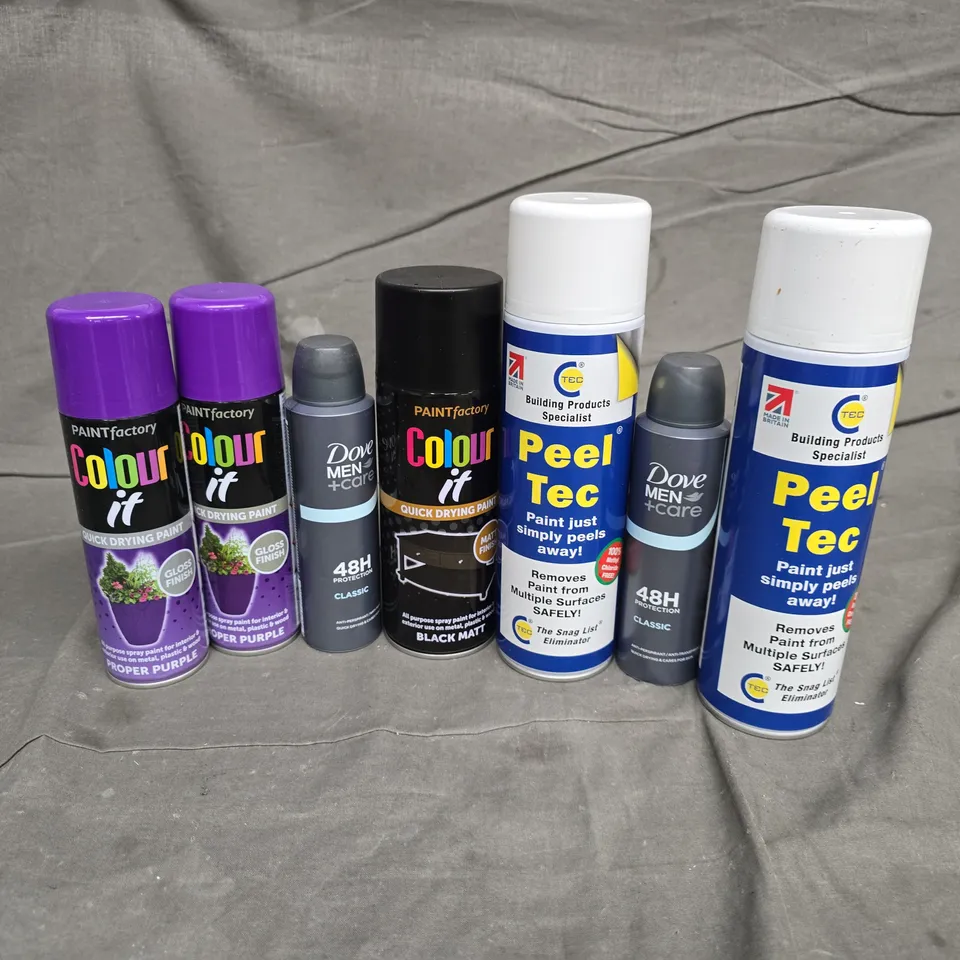 APPROXIMATELY 14 ASSORTED AEROSOLS TO INCLUDE PEEL TEC, DOVE MEN CARE 48H PROTECTION, COLOUR IT QUICK DRYING PAINT, ETC - COLLECTION ONLY