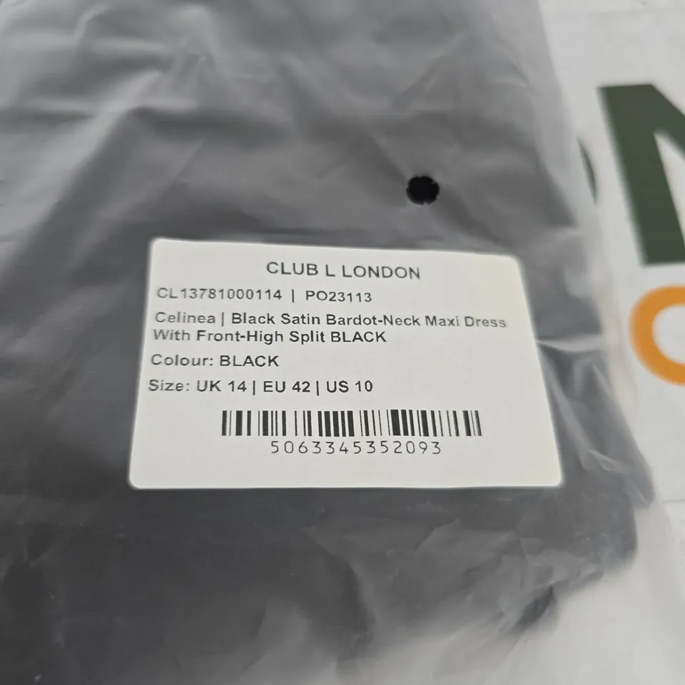 BAGGED CLUB OF LONDON BLACK SATIN BARDOT-NECK MAXI DRESS WITH HIGH FRONT SPLIT - UK 14