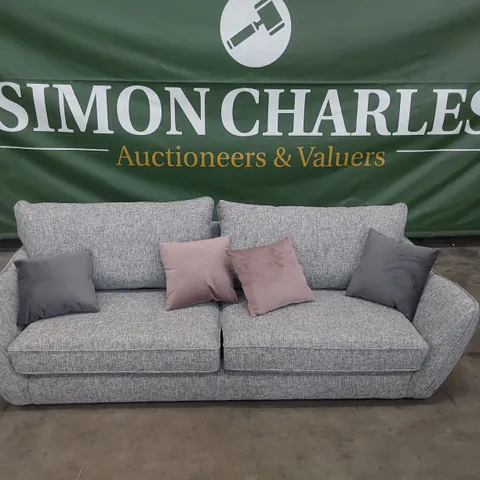 DESIGNER FOUR SEATER SOFA GREY FABRIC WITH SCATTER CUSHIONS