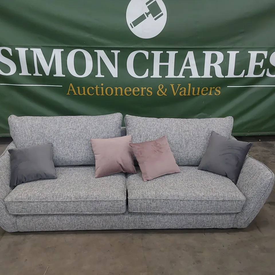 DESIGNER FOUR SEATER SOFA GREY FABRIC WITH SCATTER CUSHIONS 