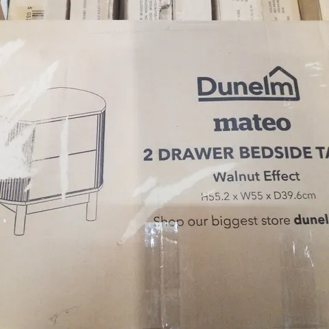 BOXED DUNELM MATEO 2 DRAWER BEDSIDE TABLE - WALNUT EFFECT H55.2×W55×D39.6CM